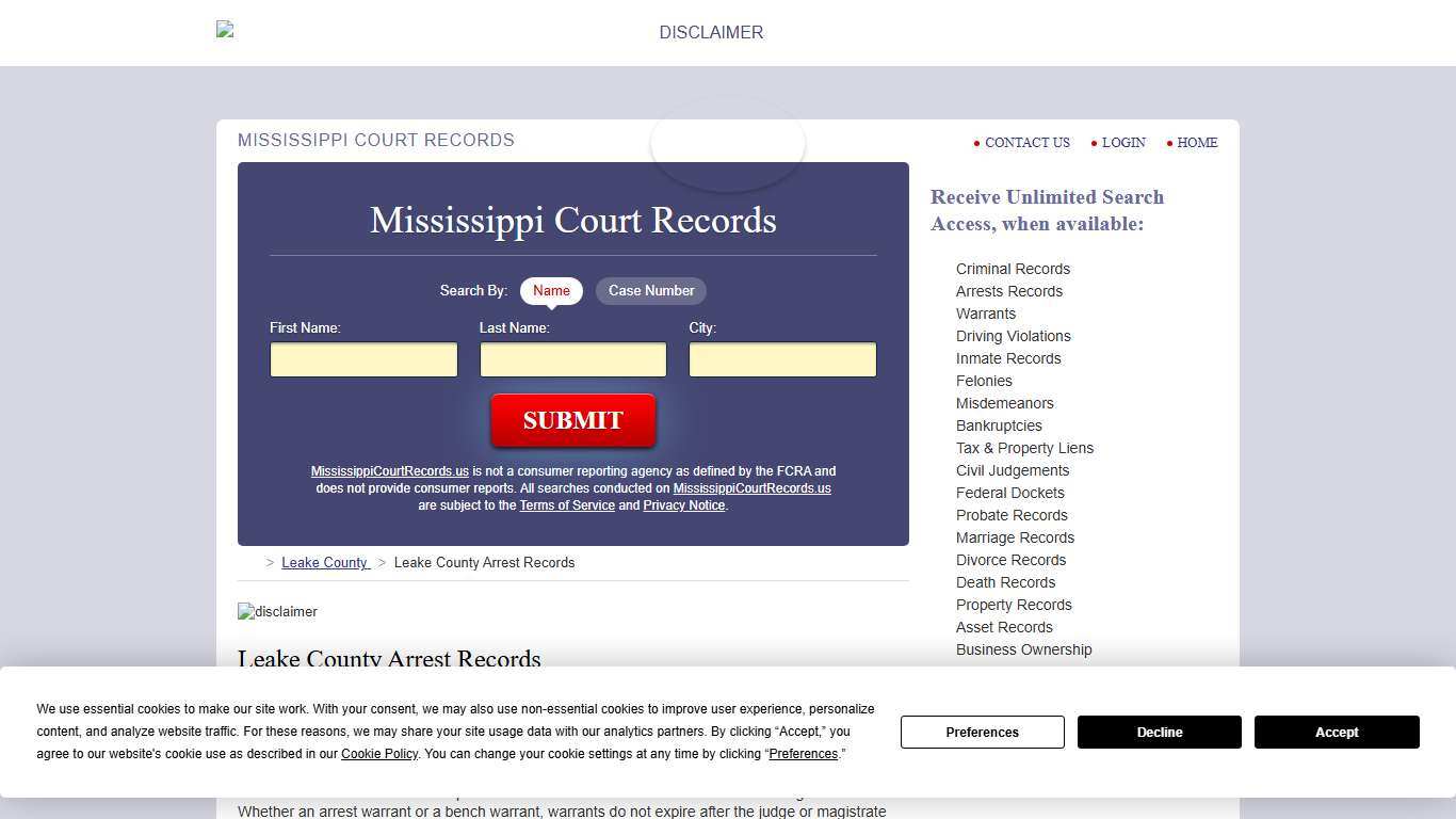 Leake County Arrest Records MississippiCourtRecords.us