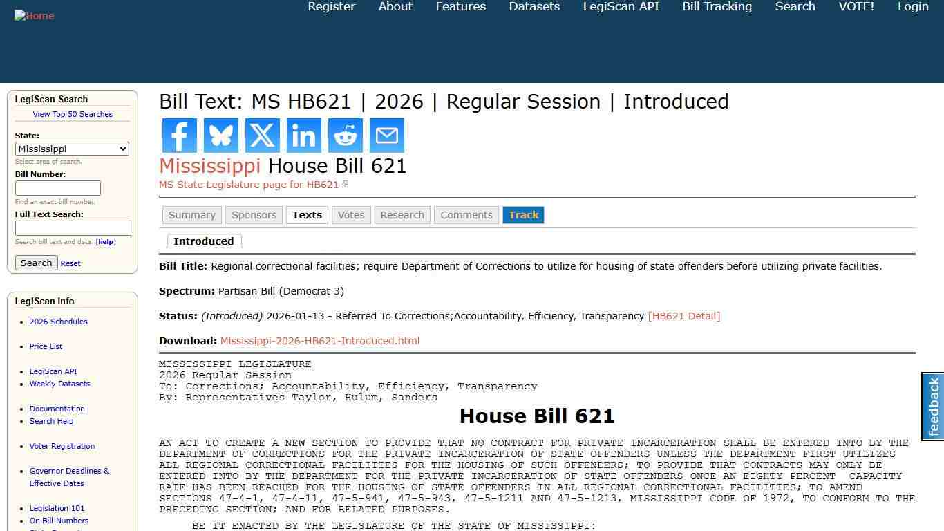 Bill Text: MS HB621 2026 Regular Session Introduced LegiScan